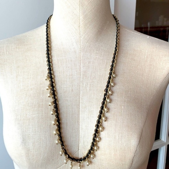 Jewelry - Ann Taylor long leather woven gold tone crystal charm statement necklace